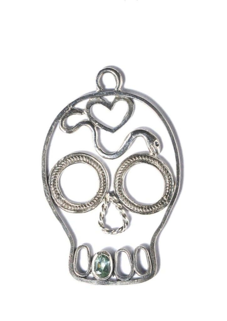 Silver filigree skull charm with tourmaline tooth LIMITED